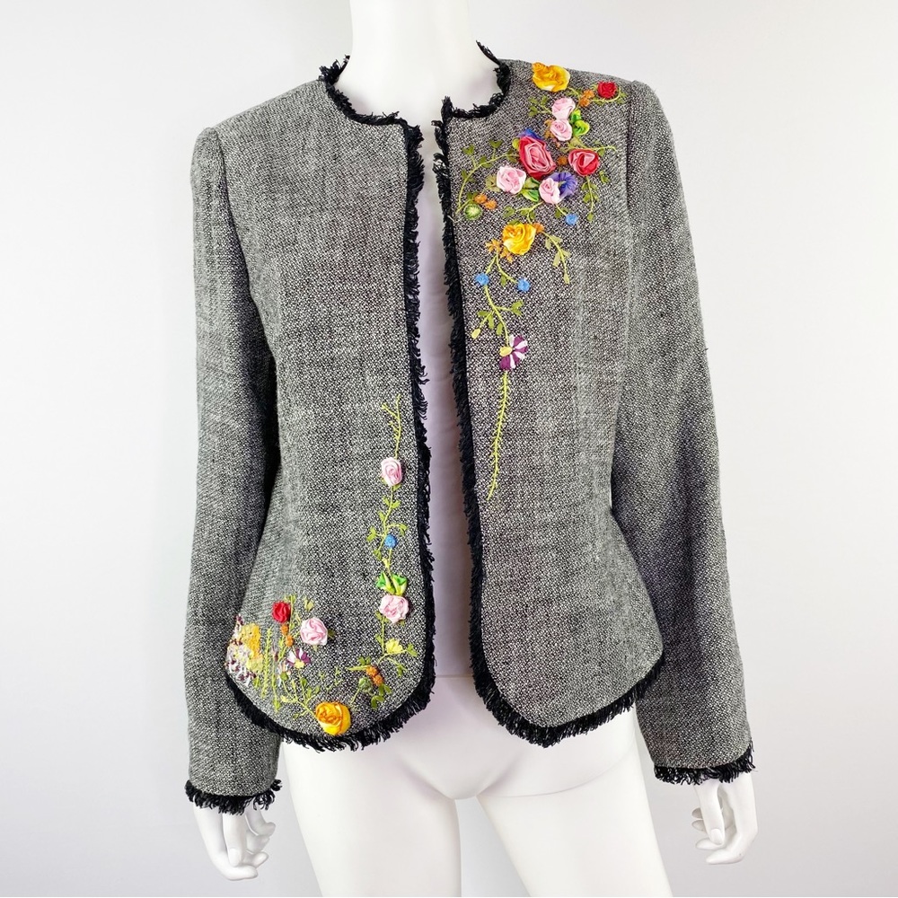 Vintage JON Gray Open Blazer Size 12 Floral Embroidery 100% Linen Cottagecore